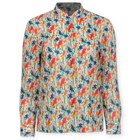 Alice + Olivia Bird and Floral Print Colourful Silk Button Blouse Small - Picture 1 of 16